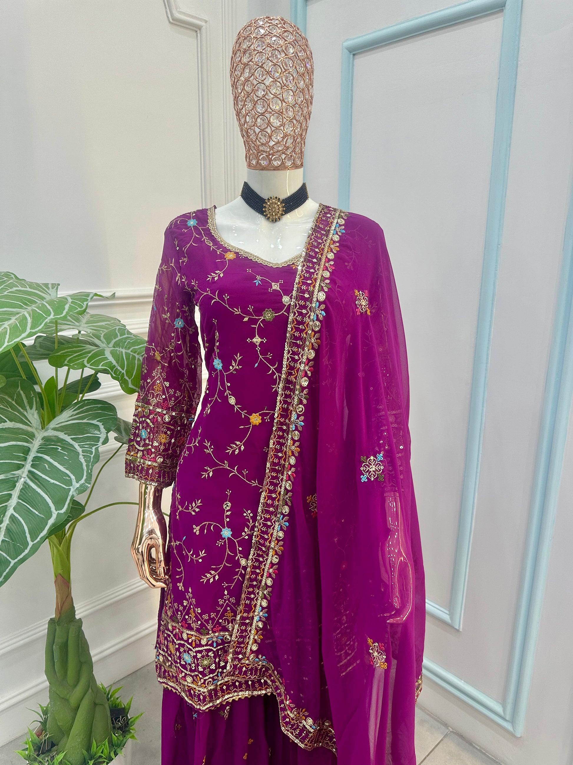 Beautiful Purple Sequins Georgette Reception Wear Sharara Suit With Dupatta