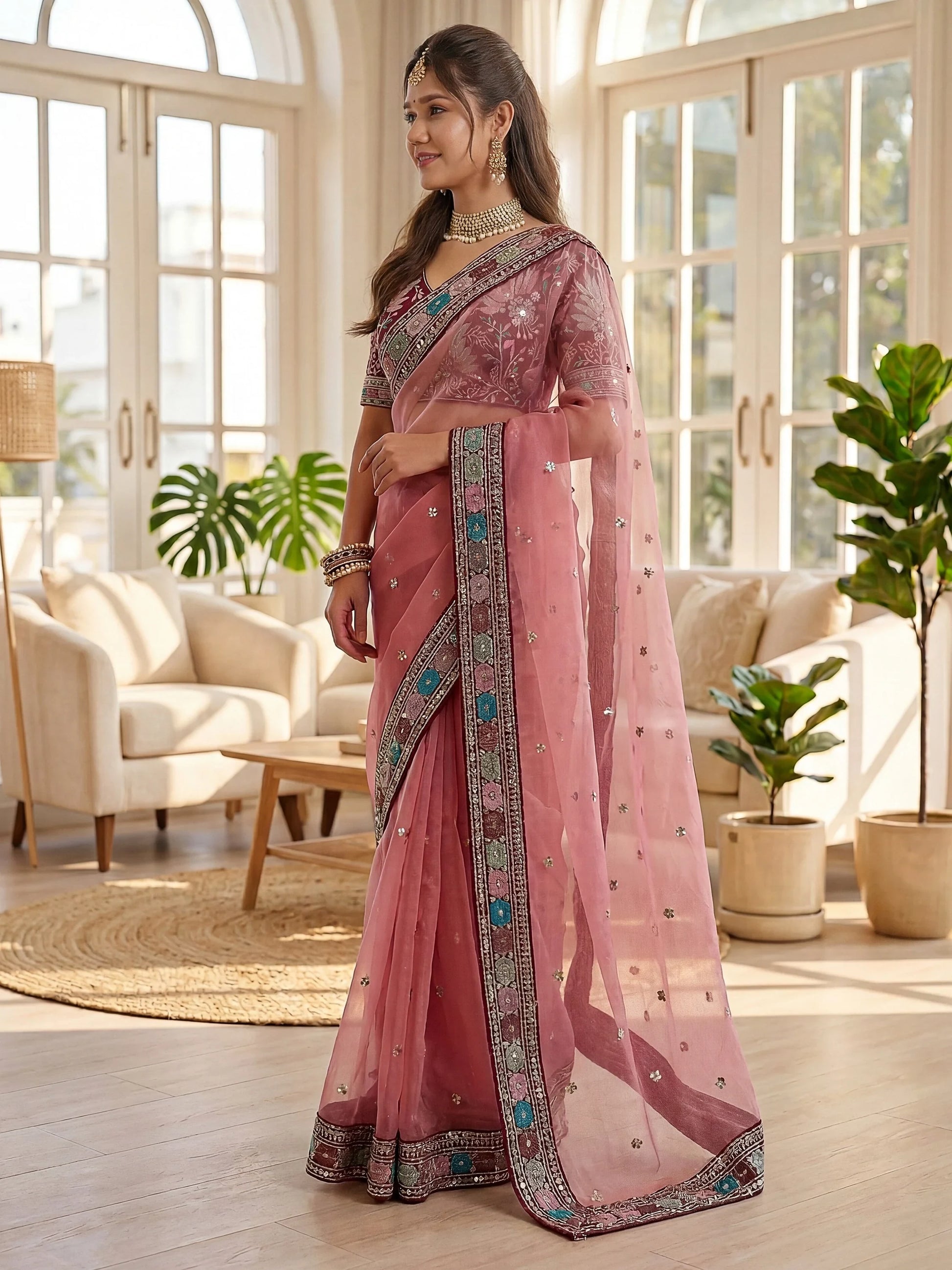 Precious Pink Embroidered Organza Festive Wear Saree With Blouse