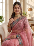 Precious Pink Embroidered Organza Festive Wear Saree With Blouse