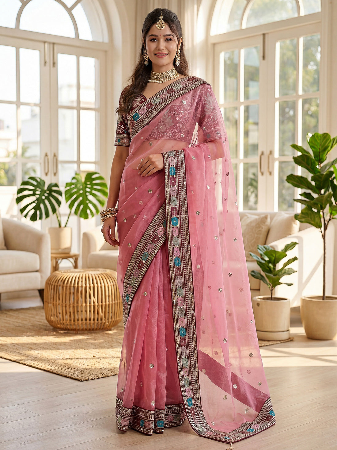 Precious Pink Embroidered Organza Festive Wear Saree With Blouse