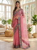 Precious Pink Embroidered Organza Festive Wear Saree With Blouse