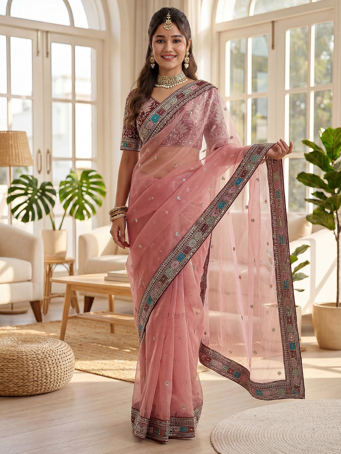 Precious Pink Embroidered Organza Festive Wear Saree With Blouse