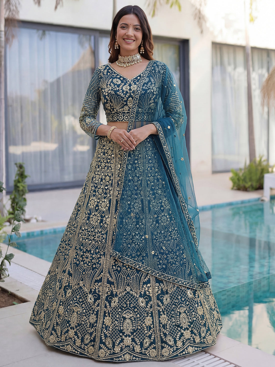 Awesome Teal Blue Sequins Net Engagement Wear Lehenga Choli
