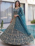 Awesome Teal Blue Sequins Net Engagement Wear Lehenga Choli