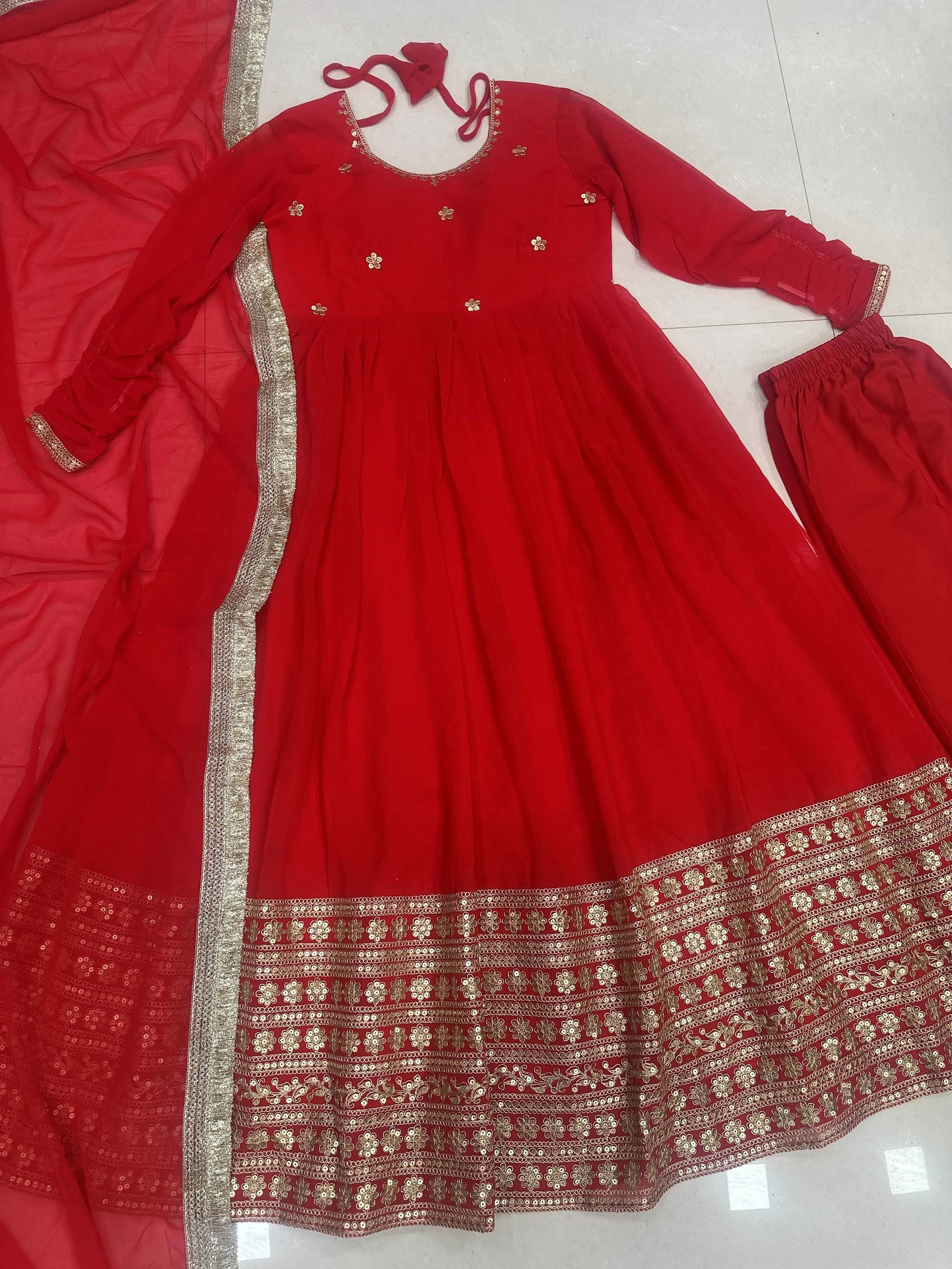 Grand Red Coding Embroidered Georgette Wedding Wear Gown With Dupatta