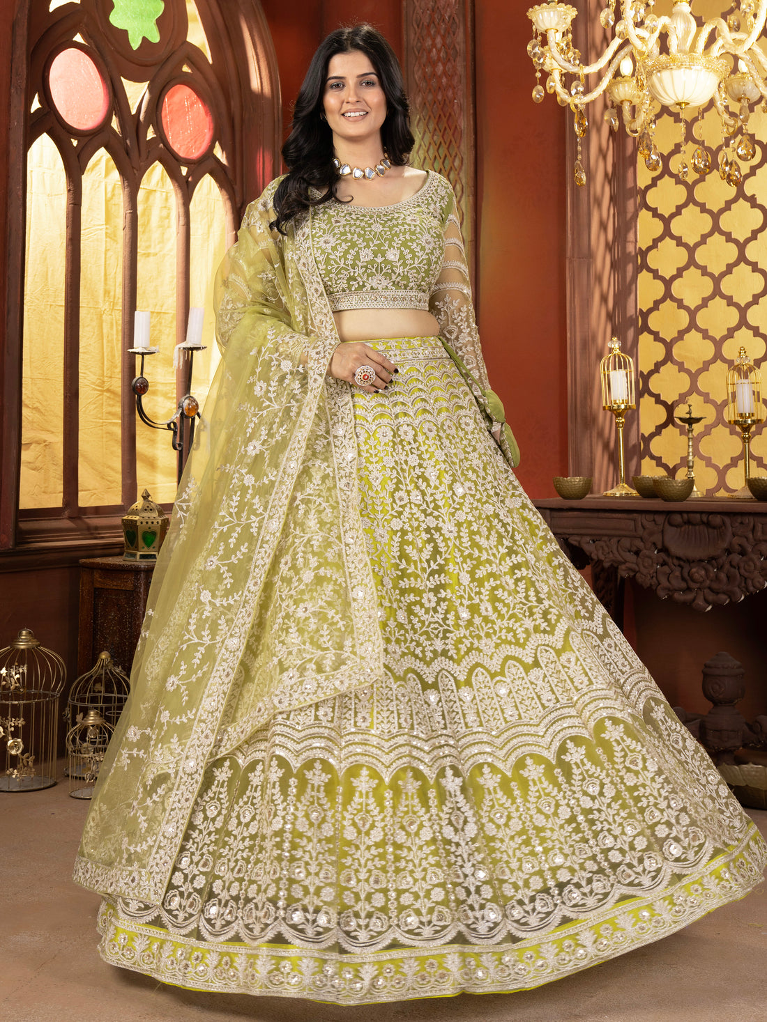 Excellent Mint Green Zari Embroidered Net Designer Lehenga Choli