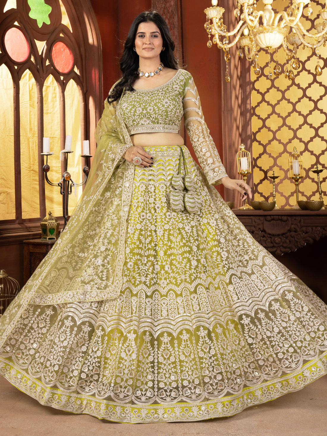 Excellent Mint Green Zari Embroidered Net Designer Lehenga Choli