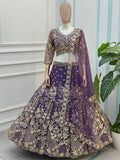 Alluring Purple Sequin Work Net Wedding Lehenga Choli With Dupatta 