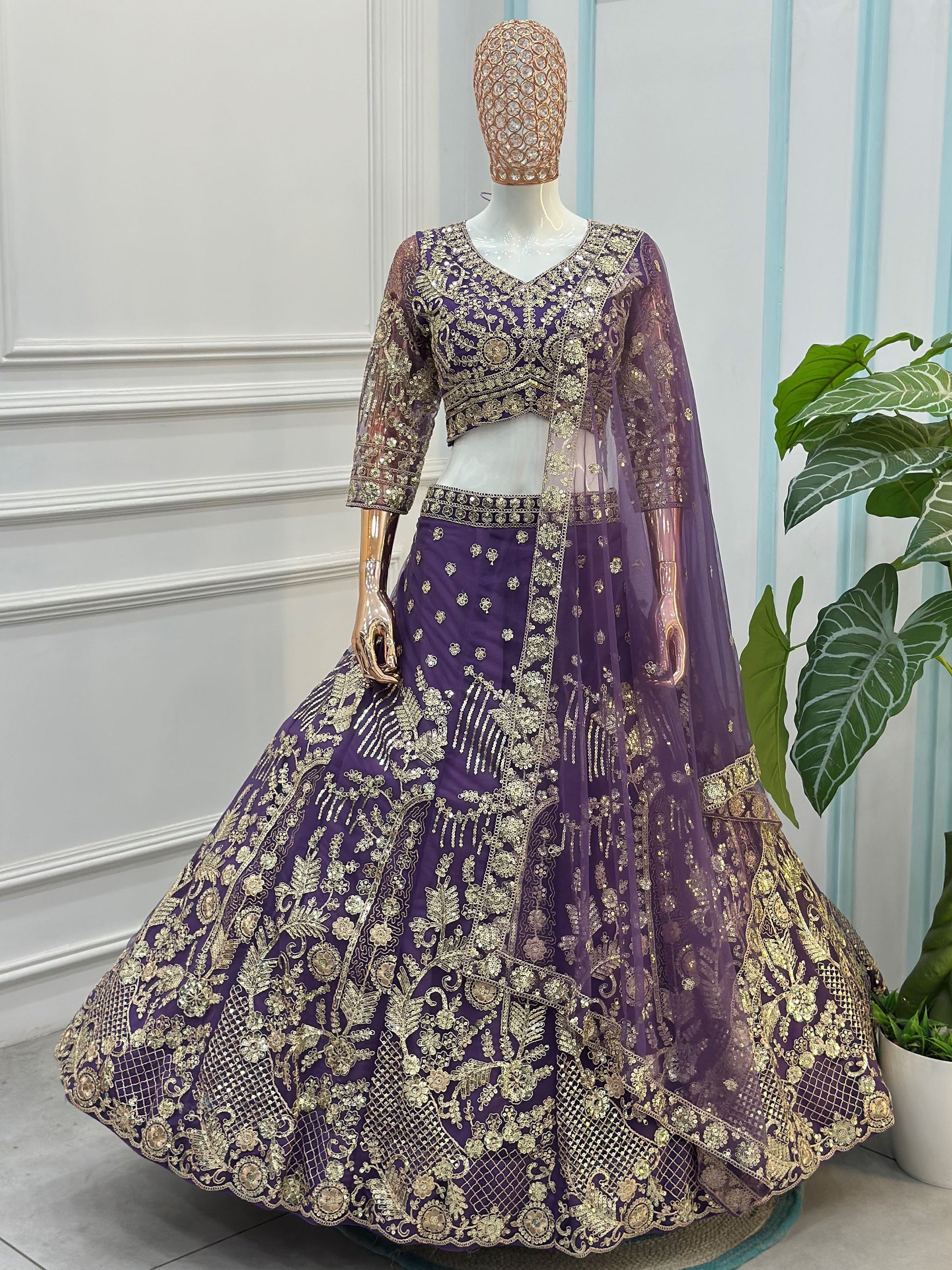 Alluring Purple Sequin Work Net Wedding Lehenga Choli With Dupatta 