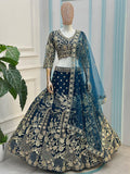 Lovely Teal Blue Embroidered Net Wedding Lehenga Choli With Dupatta