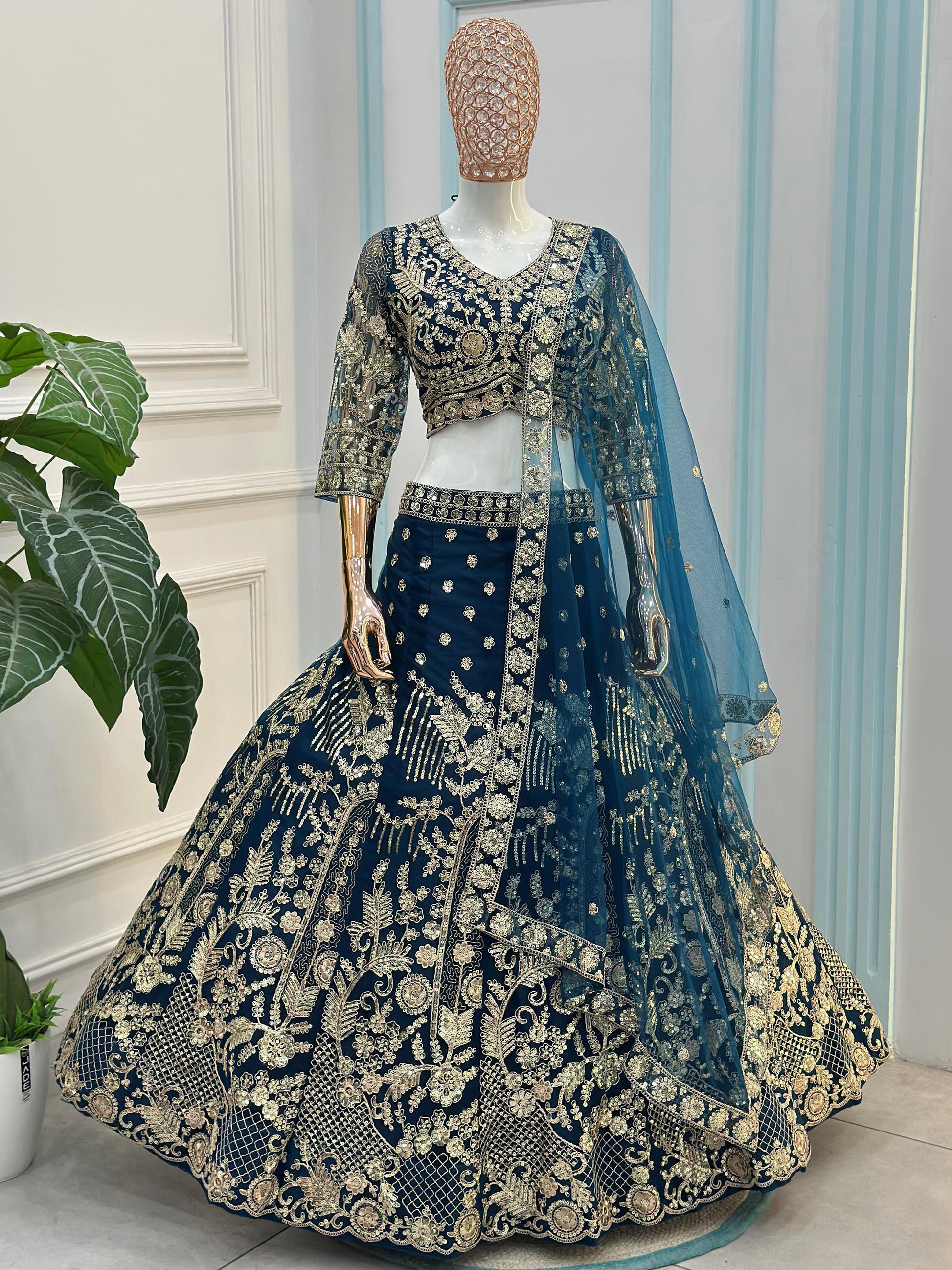 Lovely Teal Blue Embroidered Net Wedding Lehenga Choli With Dupatta