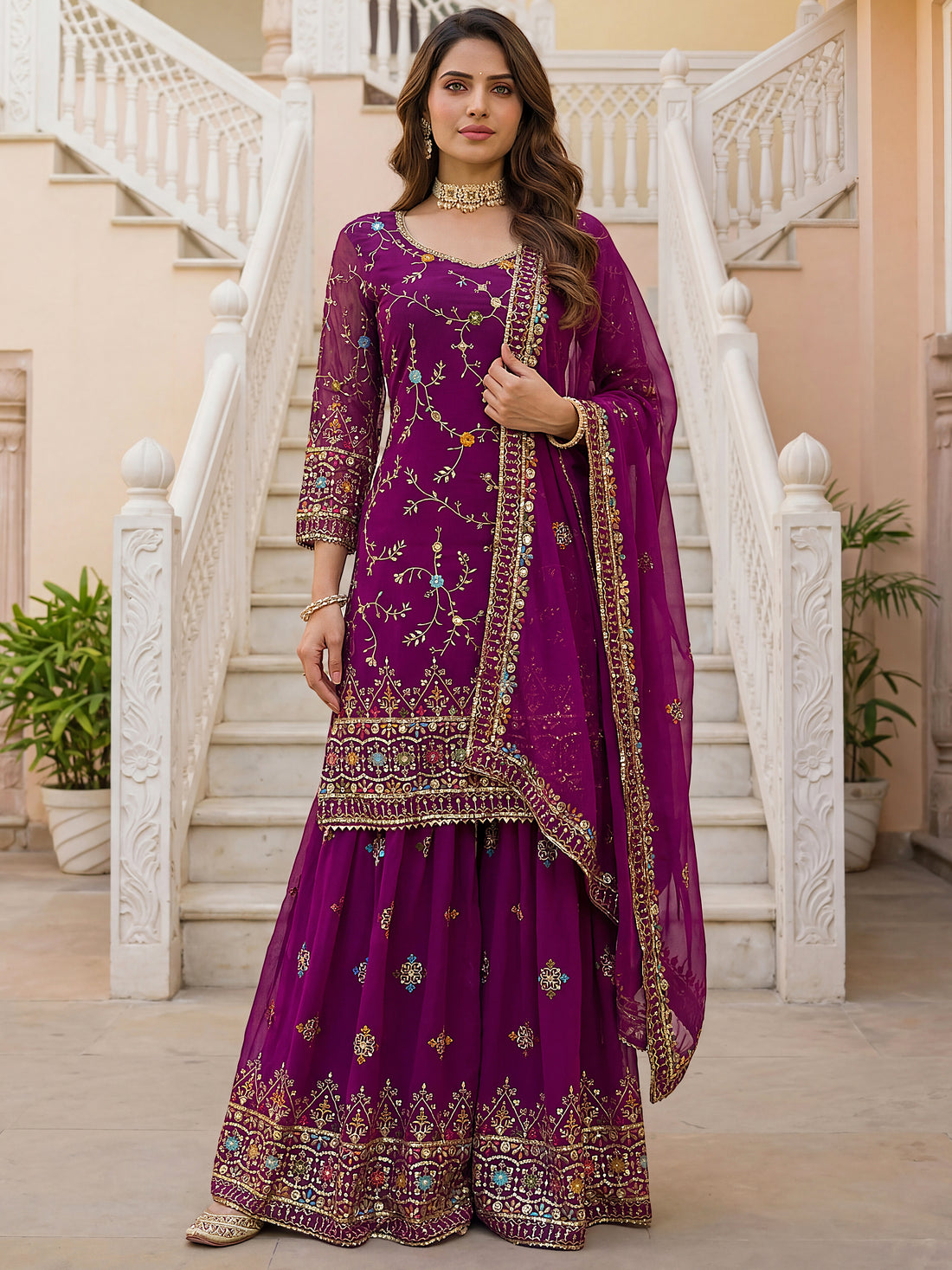 Beautiful Purple Sequins Georgette Reception Wear Sharara Suit With Dupatta