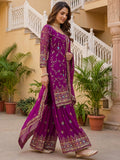 Beautiful Purple Sequins Georgette Reception Wear Sharara Suit With Dupatta
