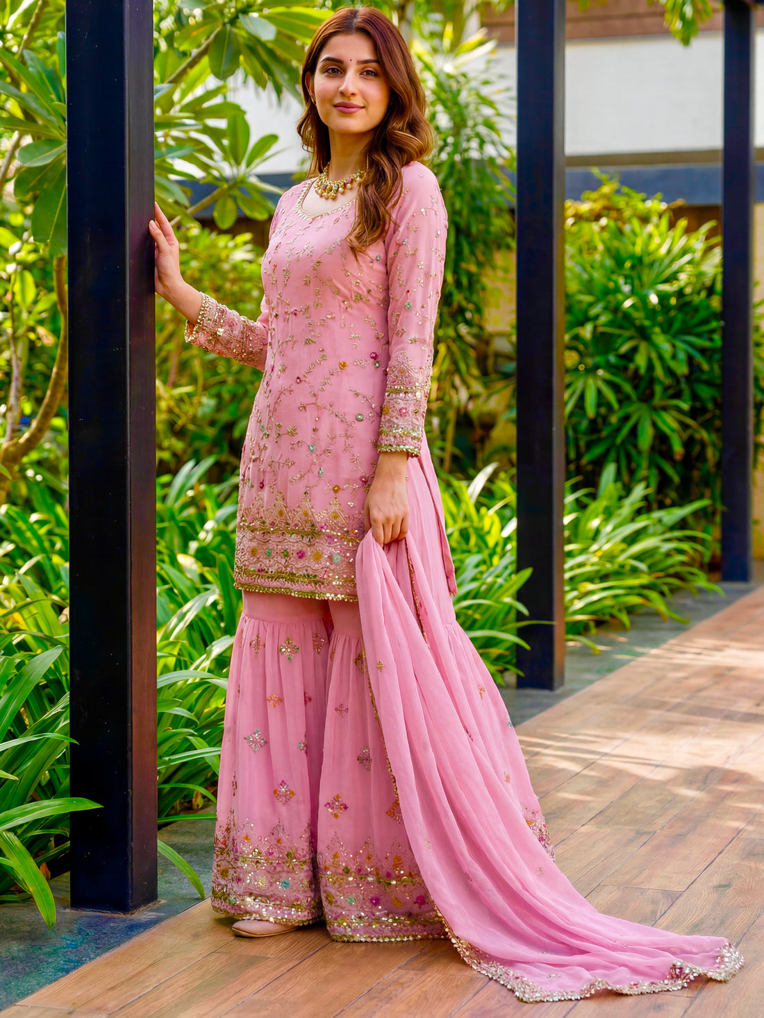 Precious Pink Zari Embroidered Georgette Designer Sharara Suit With Dupatta