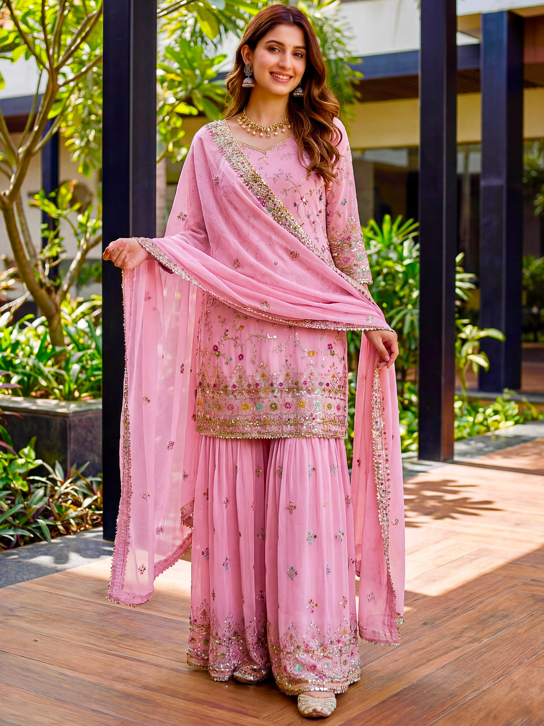 Precious Pink Zari Embroidered Georgette Designer Sharara Suit With Dupatta