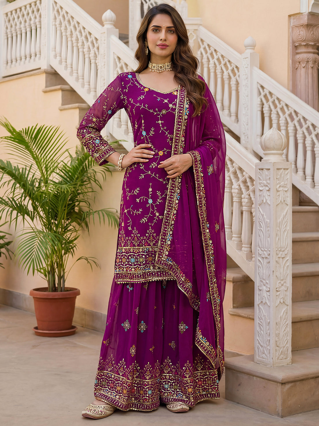 Beautiful Purple Sequins Georgette Reception Wear Sharara Suit With Dupatta