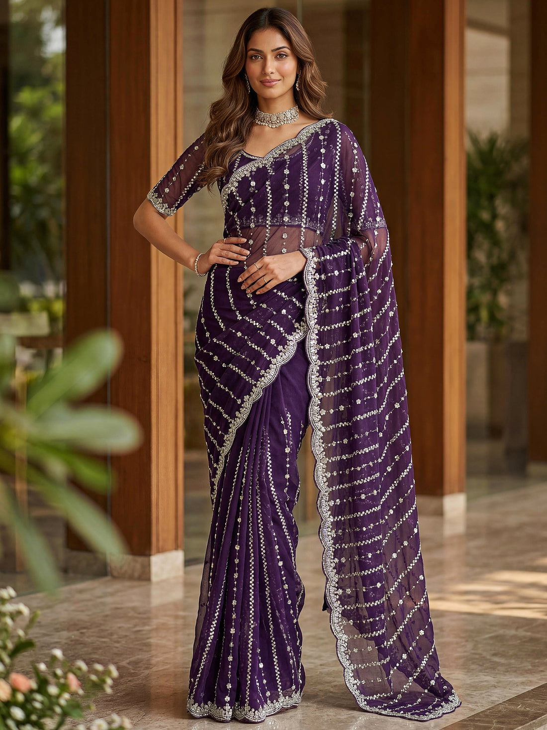 Fabulous Purple Embroidered Satin Wedding Wear Saree With Blouse