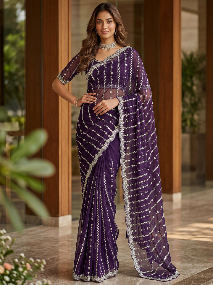 Fabulous Purple Embroidered Satin Wedding Wear Saree With Blouse