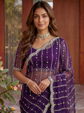 Fabulous Purple Embroidered Satin Wedding Wear Saree With Blouse