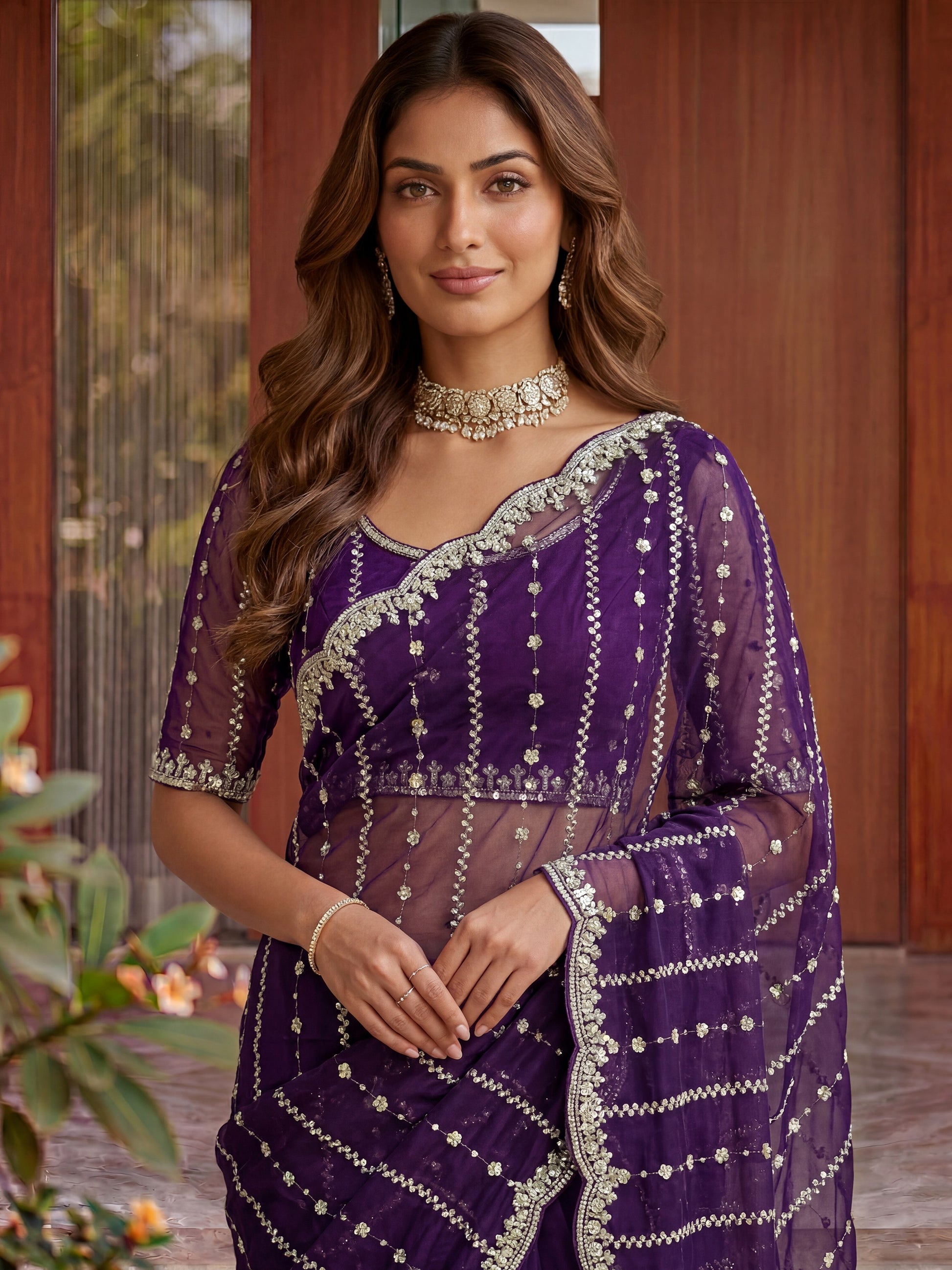 Fabulous Purple Embroidered Satin Wedding Wear Saree With Blouse