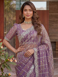 Gorgeous Lavender Sequins Work Satin Party Wear Saree With Blouse