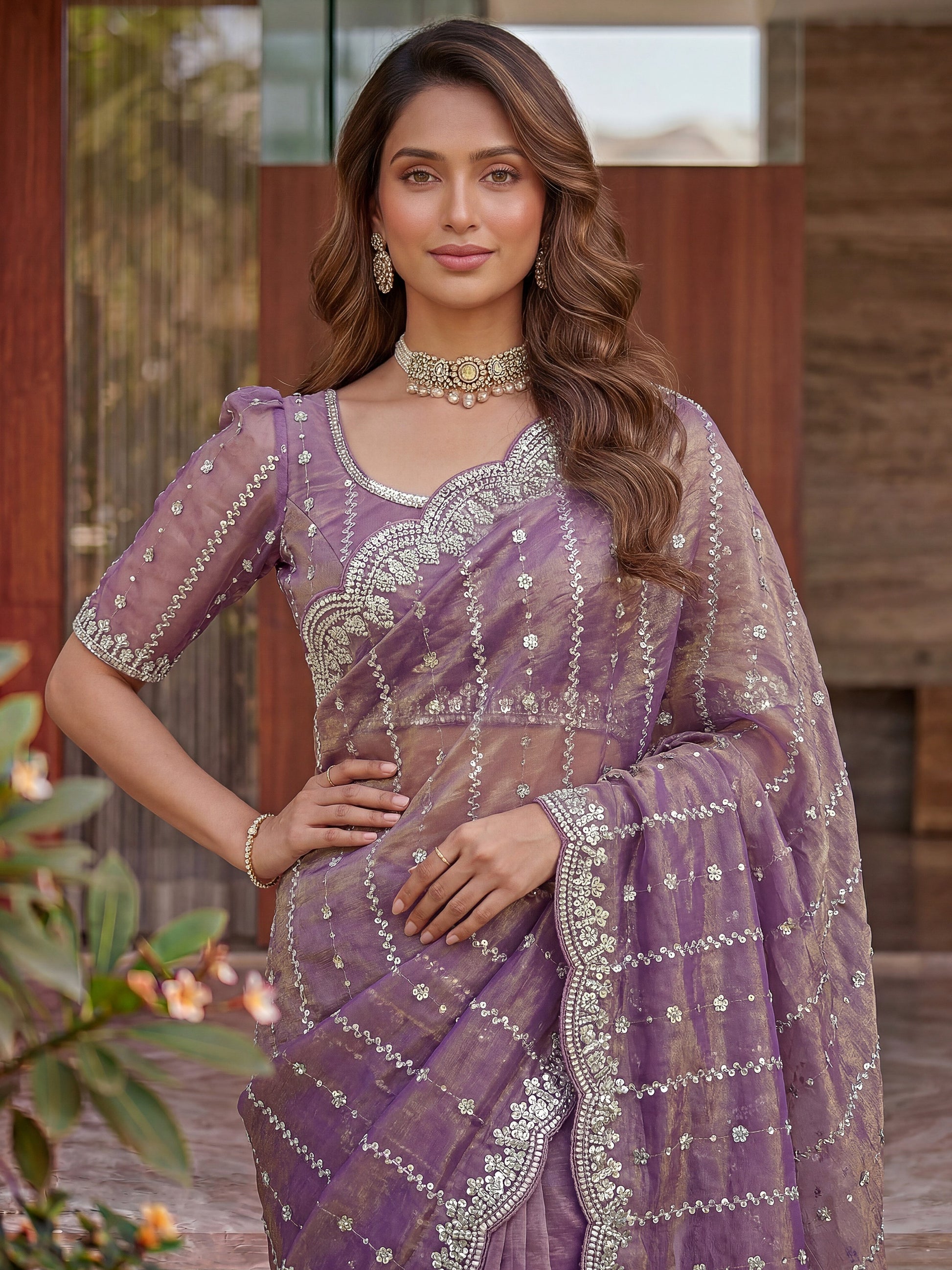 Gorgeous Lavender Sequins Work Satin Party Wear Saree With Blouse