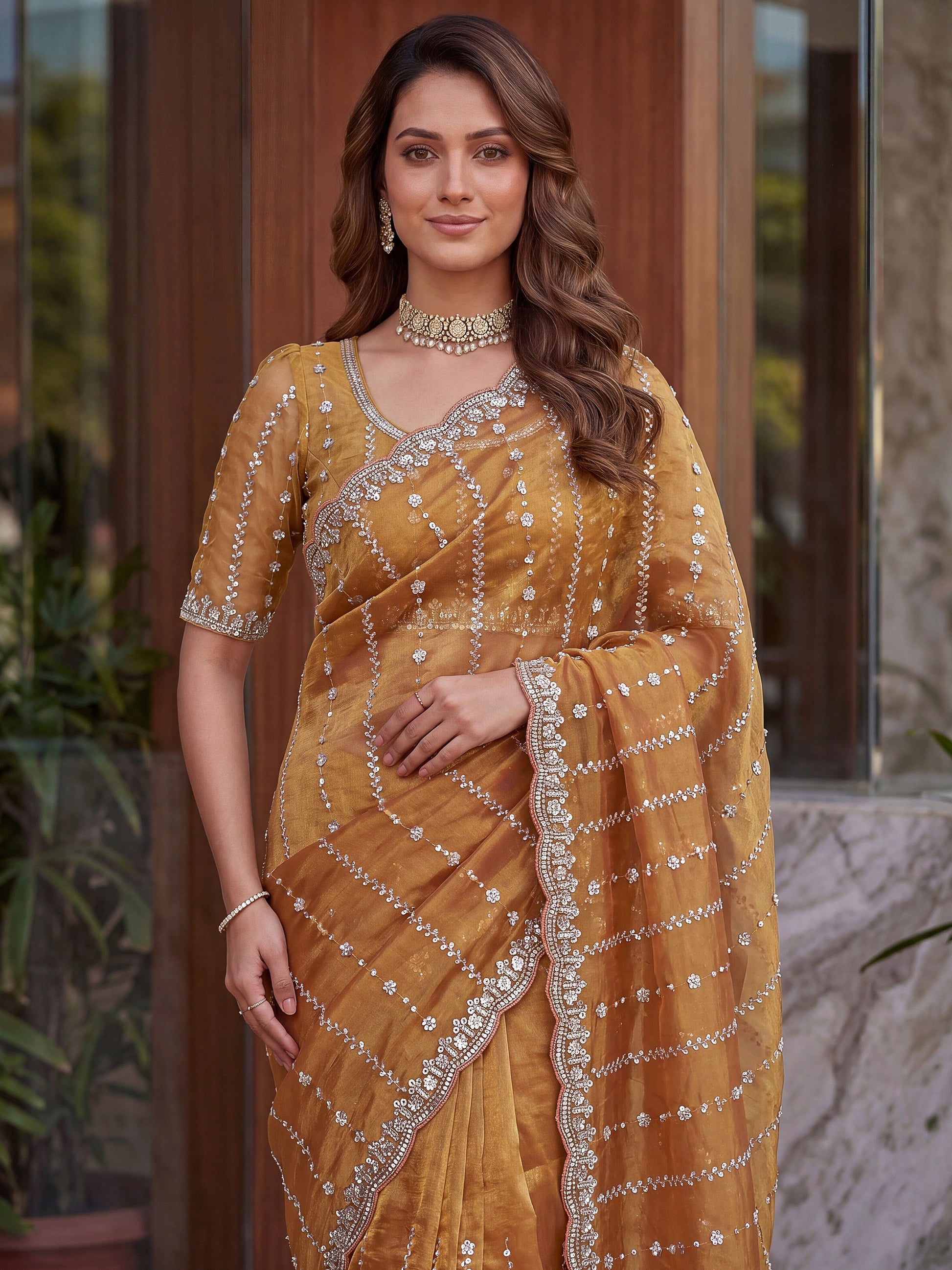 Dazzling Peach Embroidery Satin Festival Wear Saree With Blouse