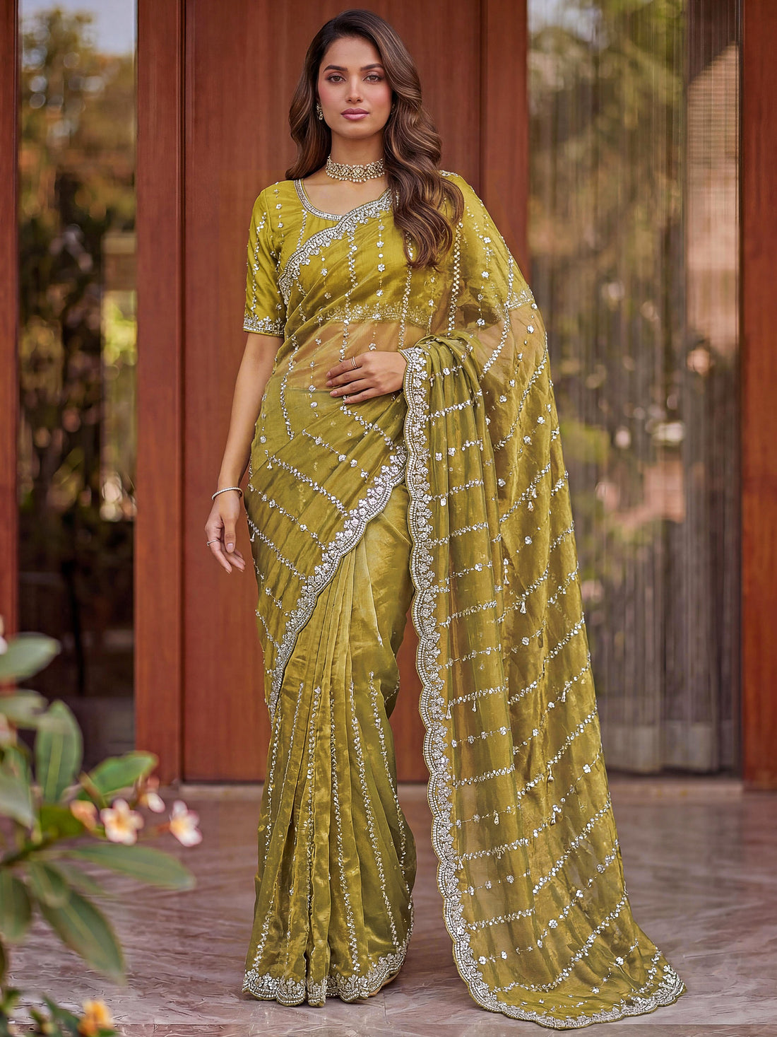 Beautiful Olive Green Embroidery Satin Function  Wear Saree With Blouse