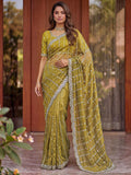 Beautiful Olive Green Embroidery Satin Function  Wear Saree With Blouse