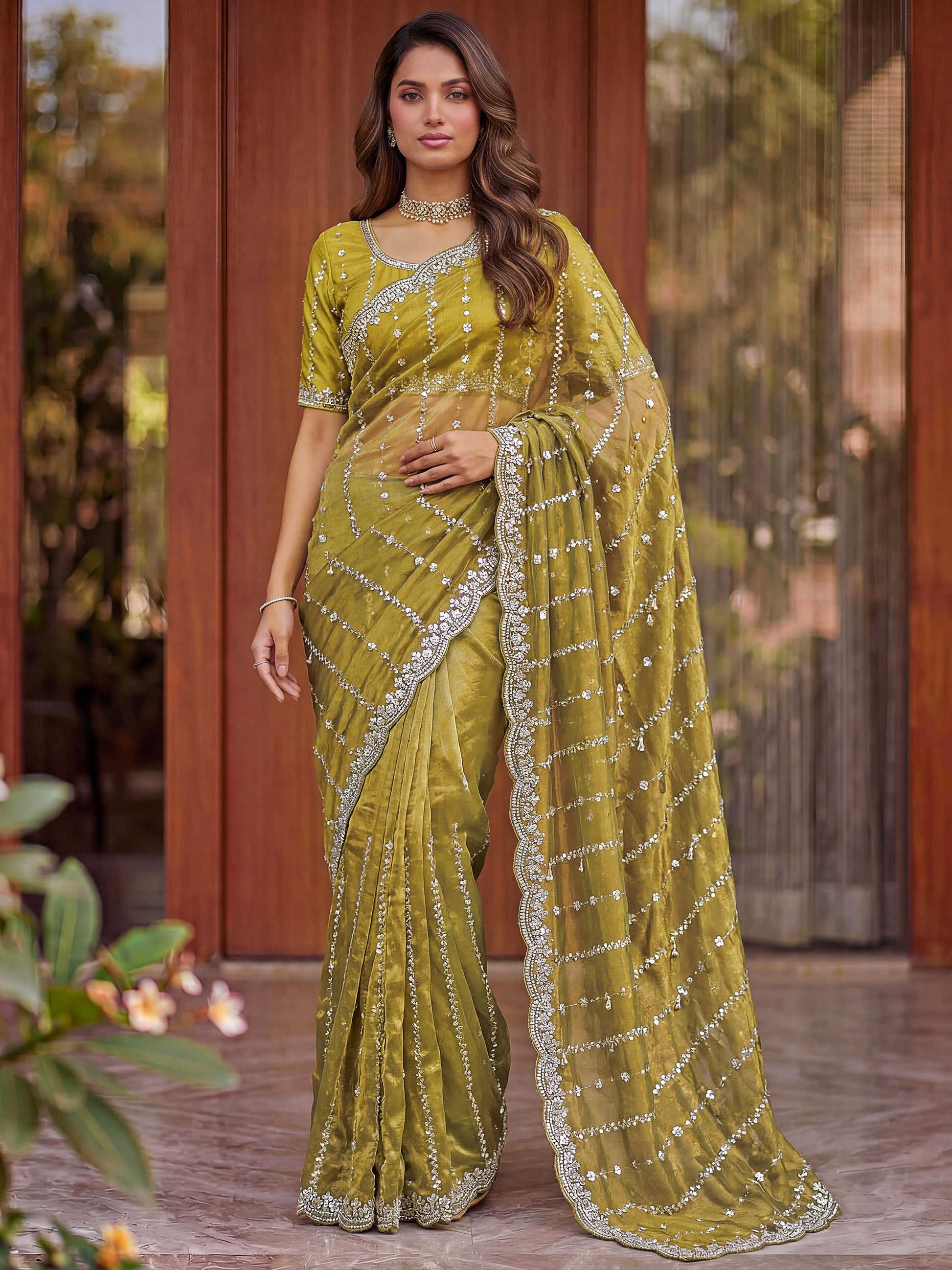 Beautiful Olive Green Embroidery Satin Function  Wear Saree With Blouse