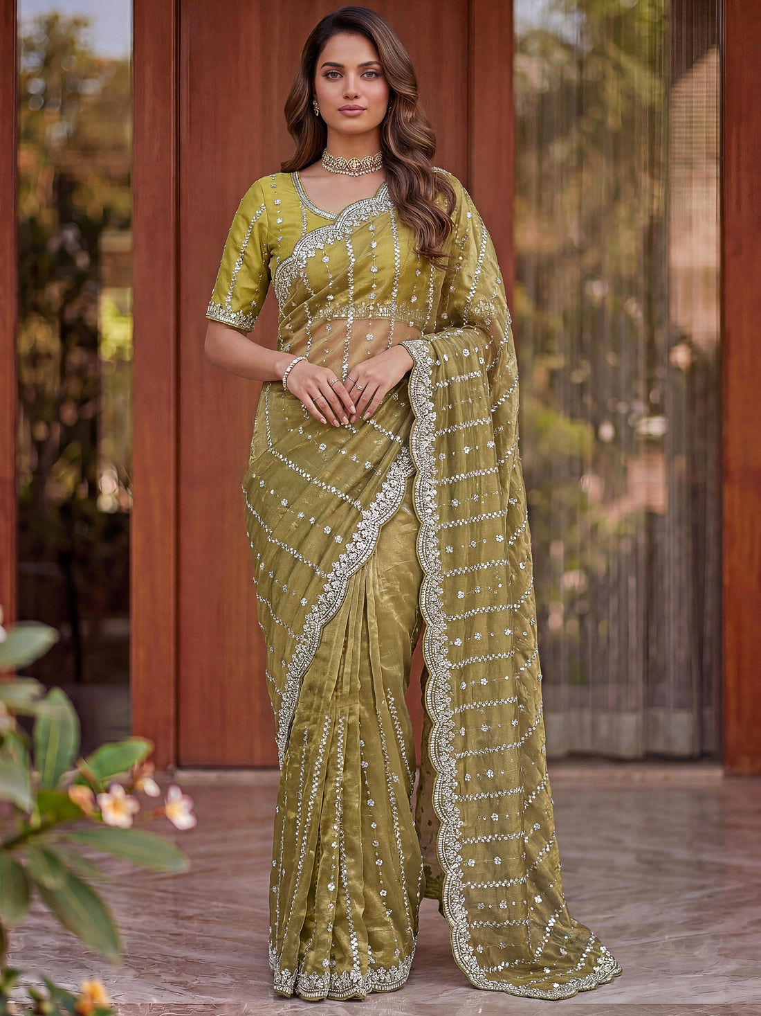 Beautiful Olive Green Embroidery Satin Function  Wear Saree With Blouse