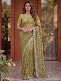 Beautiful Olive Green Embroidery Satin Function  Wear Saree With Blouse