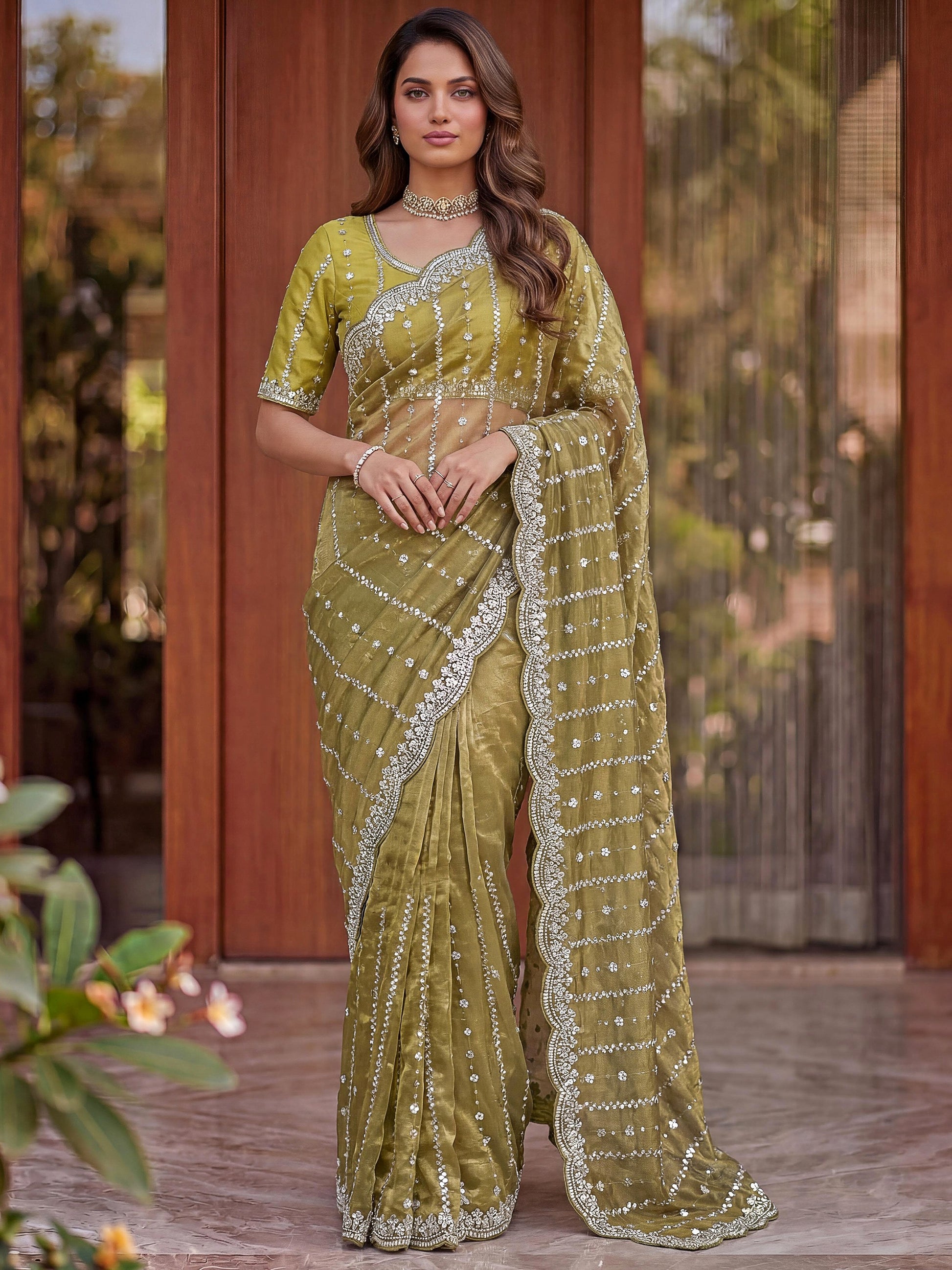 Beautiful Olive Green Embroidery Satin Function  Wear Saree With Blouse