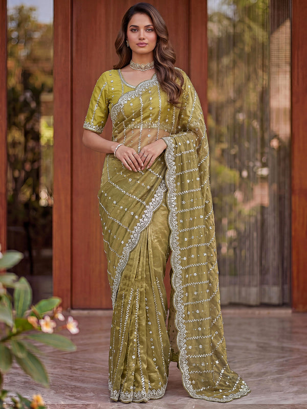 Beautiful Olive Green Embroidery Satin Function  Wear Saree With Blouse