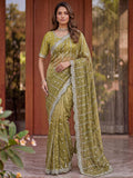 Beautiful Olive Green Embroidery Satin Function  Wear Saree With Blouse