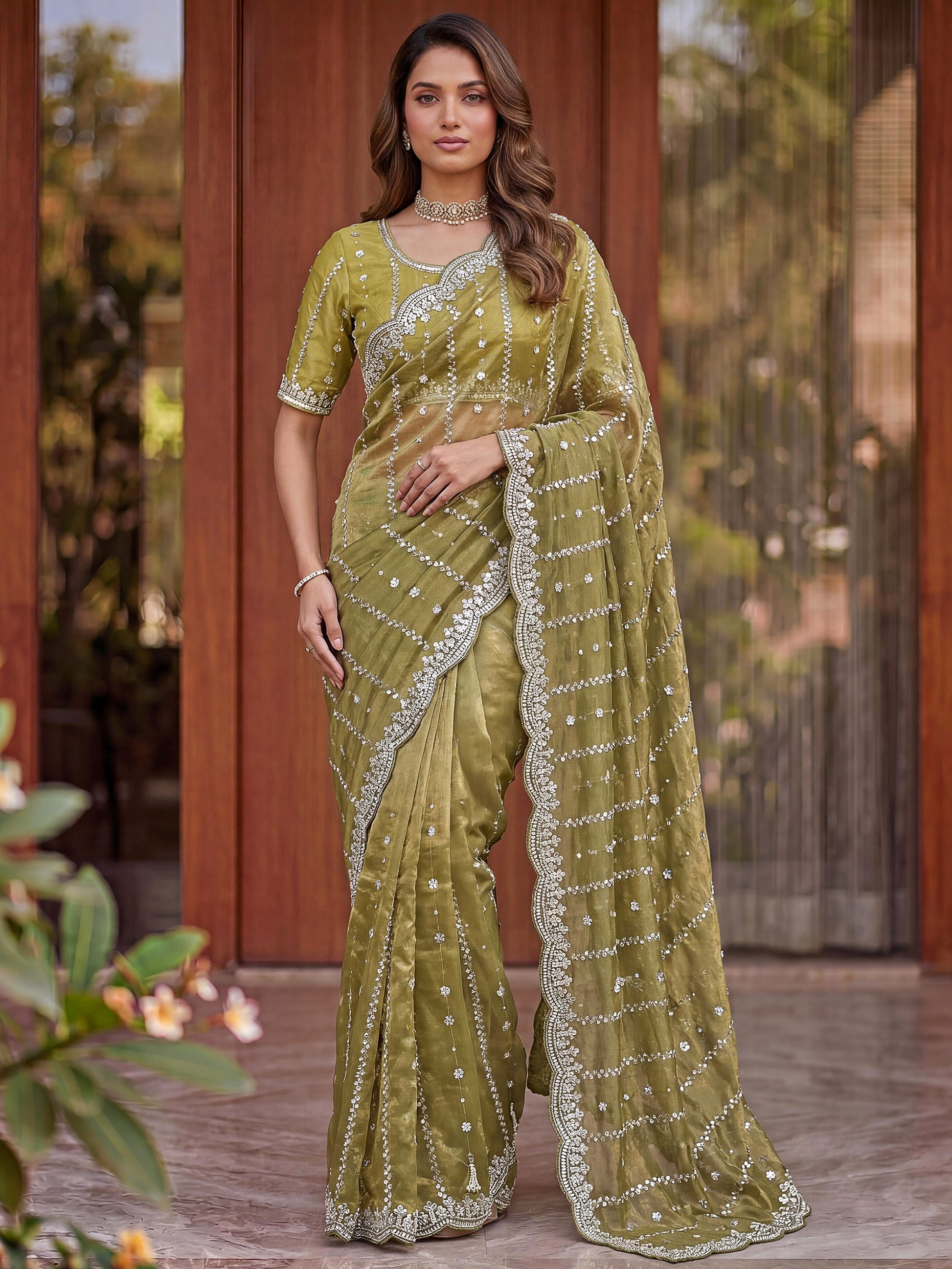Beautiful Olive Green Embroidery Satin Function  Wear Saree With Blouse