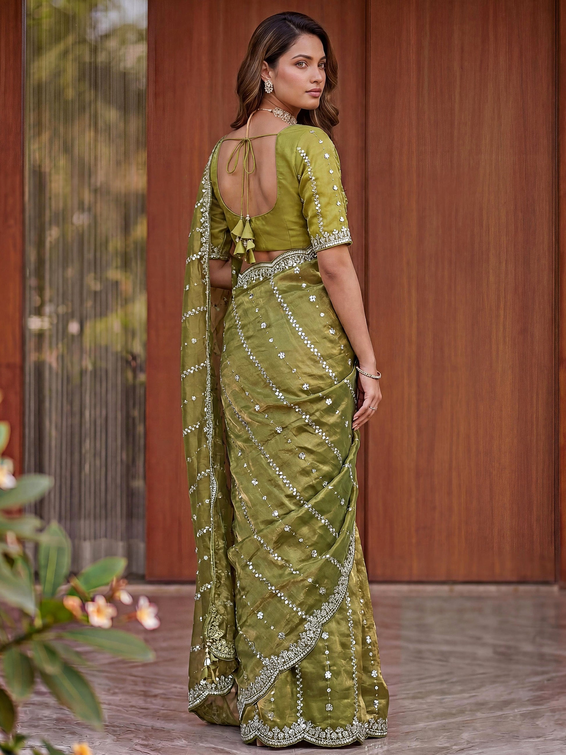 Beautiful Olive Green Embroidery Satin Function  Wear Saree With Blouse