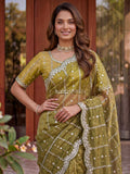 Beautiful Olive Green Embroidery Satin Function  Wear Saree With Blouse