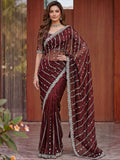 Impressive Marron Beads Work Satin Wedding Wear Saree With Blouse