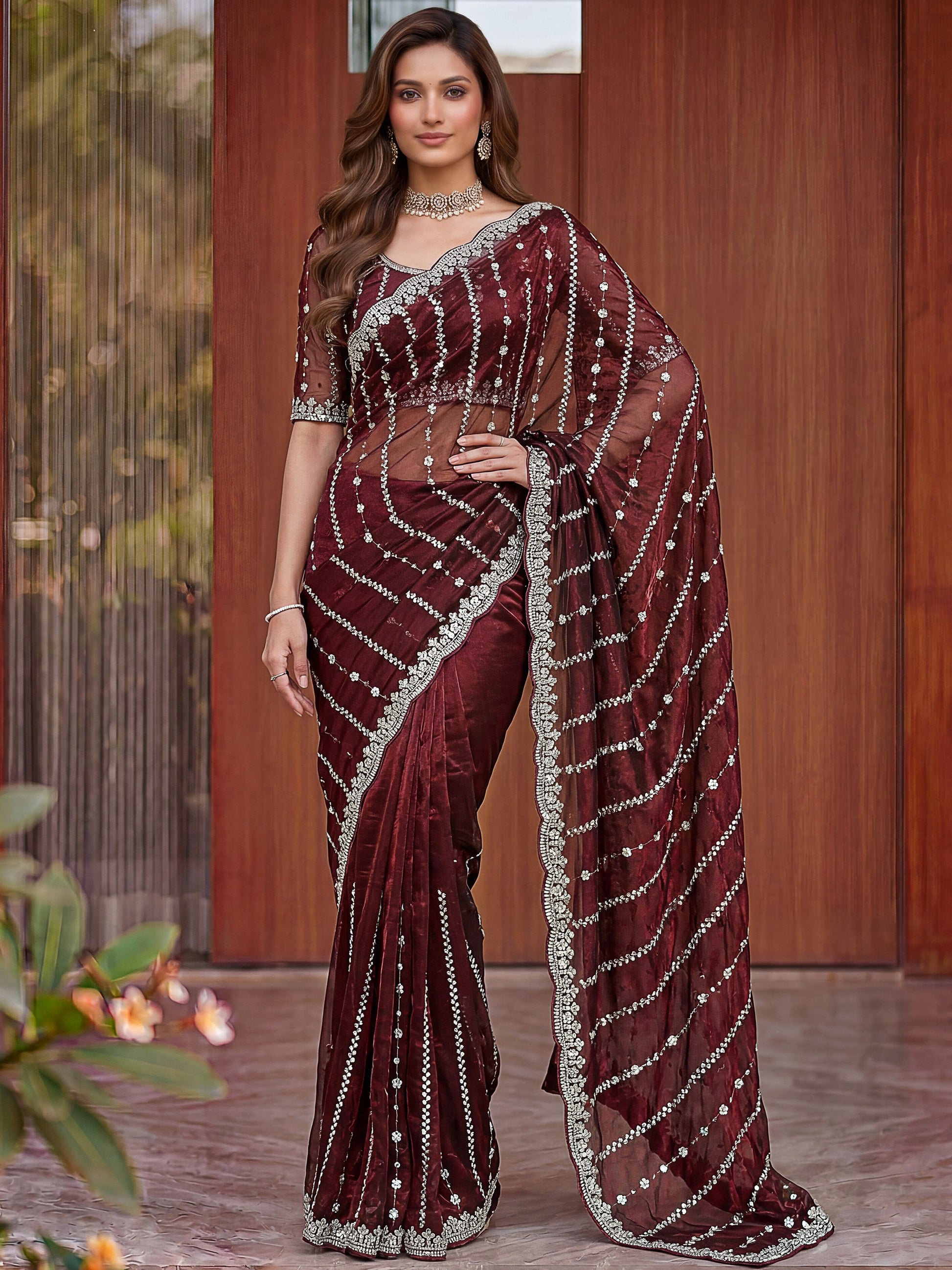 Impressive Marron Beads Work Satin Wedding Wear Saree With Blouse