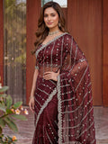 Impressive Marron Beads Work Satin Wedding Wear Saree With Blouse