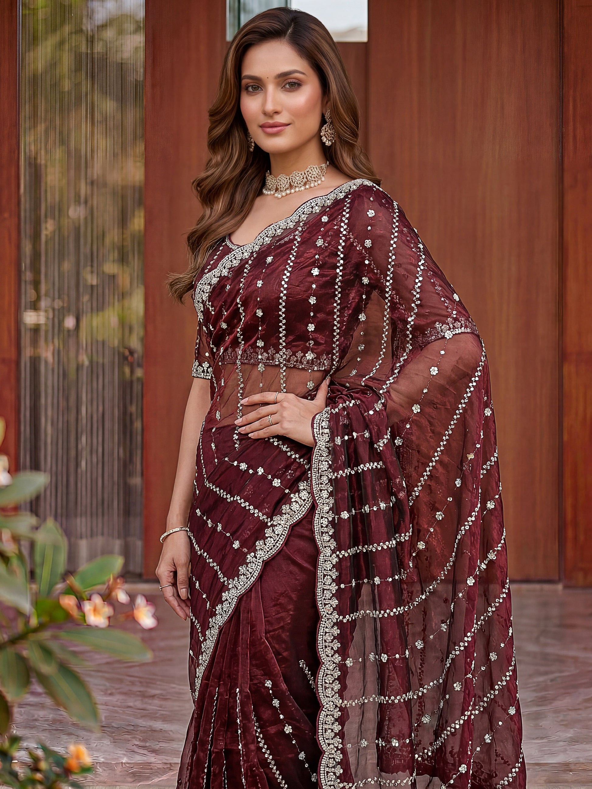 Impressive Marron Beads Work Satin Wedding Wear Saree With Blouse