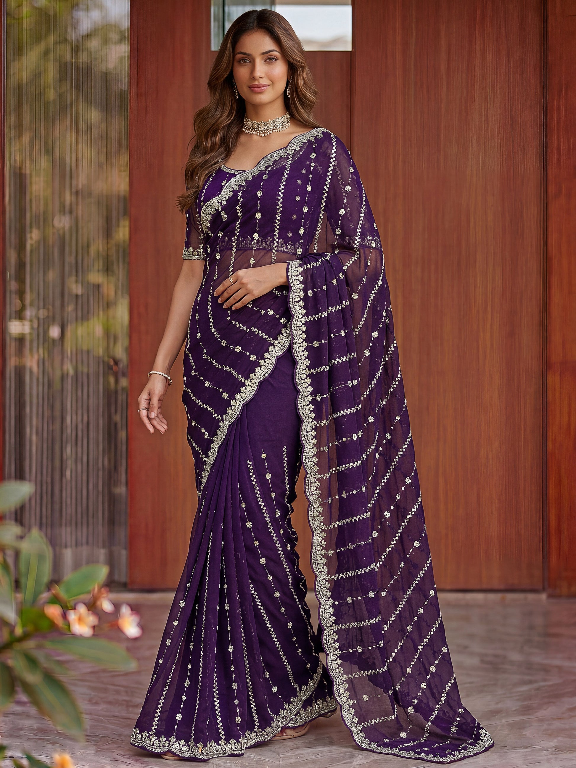 Fabulous Purple Embroidered Satin Wedding Wear Saree With Blouse