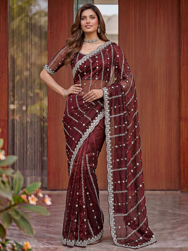 Impressive Marron Beads Work Satin Wedding Wear Saree With Blouse