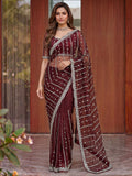 Impressive Marron Beads Work Satin Wedding Wear Saree With Blouse