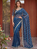 Awesome Navy Blue Beads Work Satin Party Wear Saree With Blouse