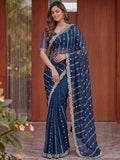 Awesome Navy Blue Beads Work Satin Party Wear Saree With Blouse