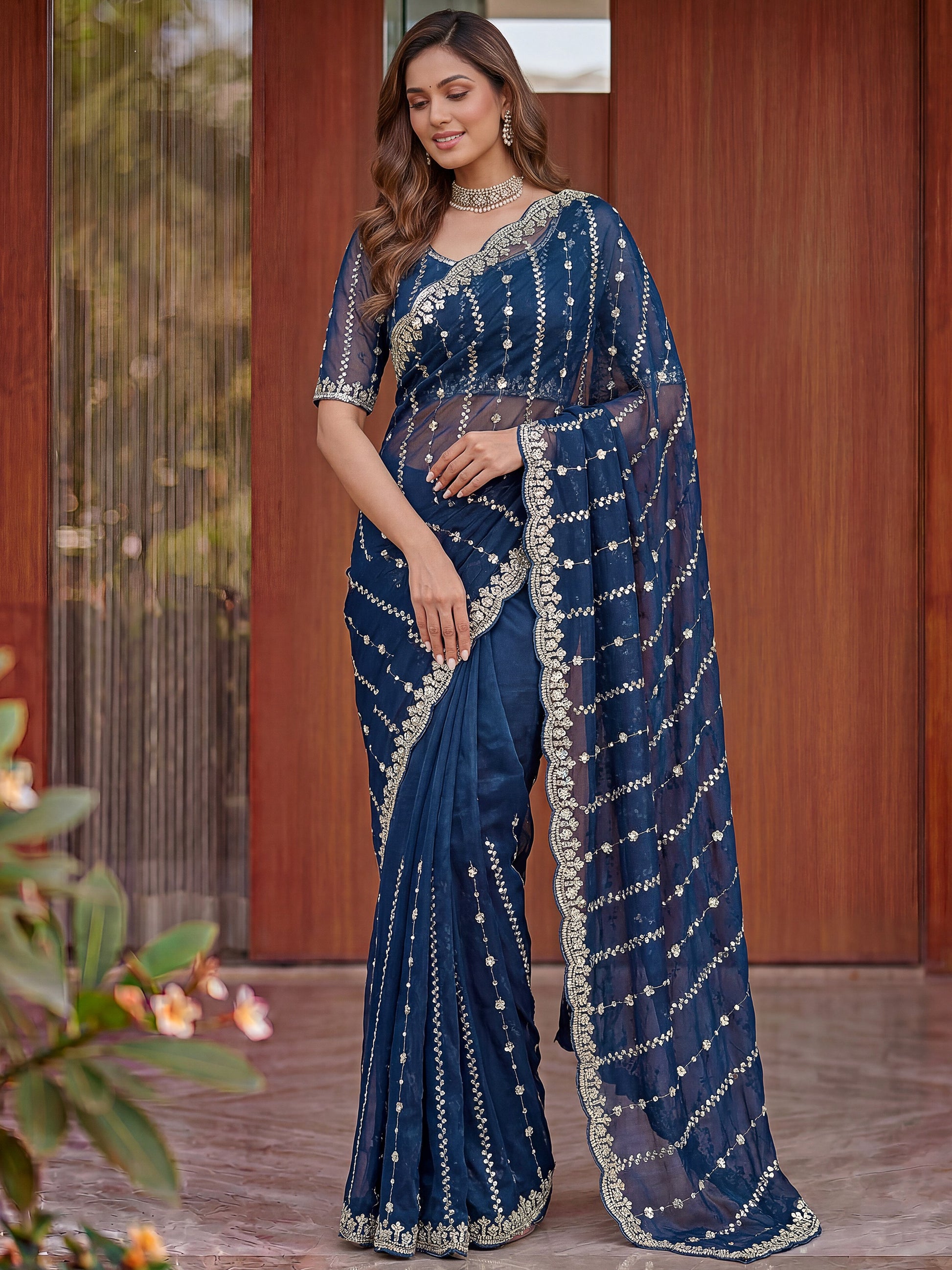 Awesome Navy Blue Beads Work Satin Party Wear Saree With Blouse