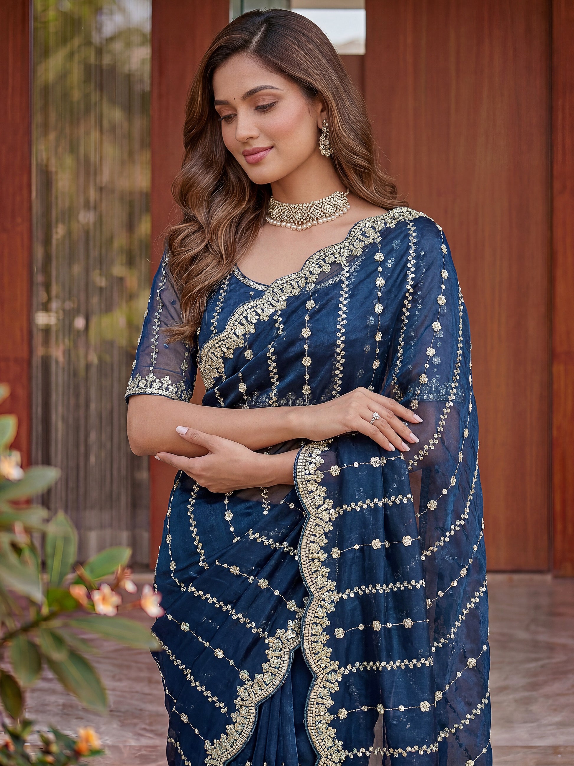 Awesome Navy Blue Beads Work Satin Party Wear Saree With Blouse