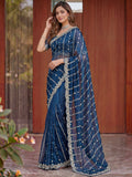 Awesome Navy Blue Beads Work Satin Party Wear Saree With Blouse